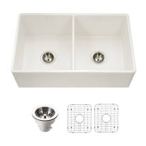 Houzer Platus 33 inch Biscuit Fireclay Apron Front Farmhouse 50/50 Double Bowl Kitchen Sink